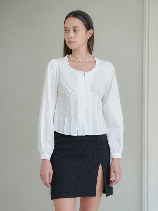 PLEATS DETAIL HEART NECK BLOUSE_WHITE