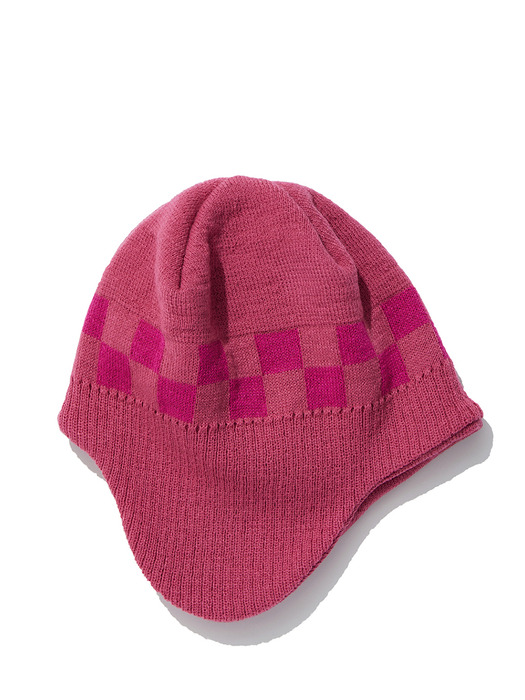 CHECKER BOARD EARFLAP BEANIE, PINK