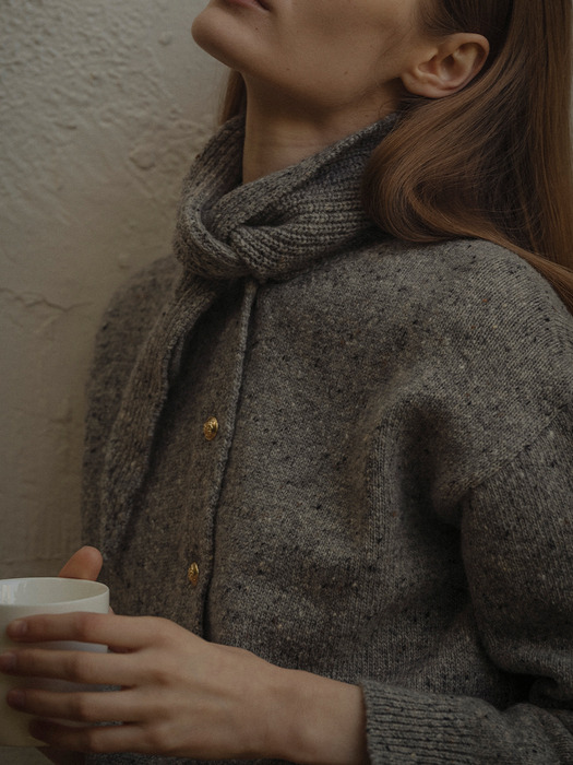 Scarf knit gold button cardigan_Gray