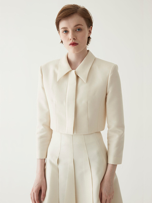 Cropped Silk Wool Tailored Jacket- Ivory