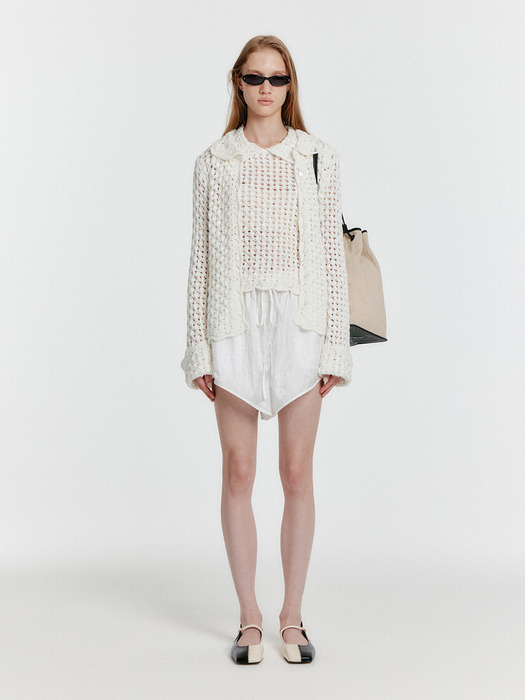 YELTS Cable Knit Collared Cardigan - Ivory