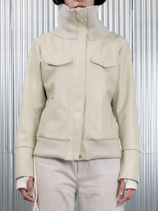 HIGH NECK LINE FAUX LEATHER JACKET_CREAM