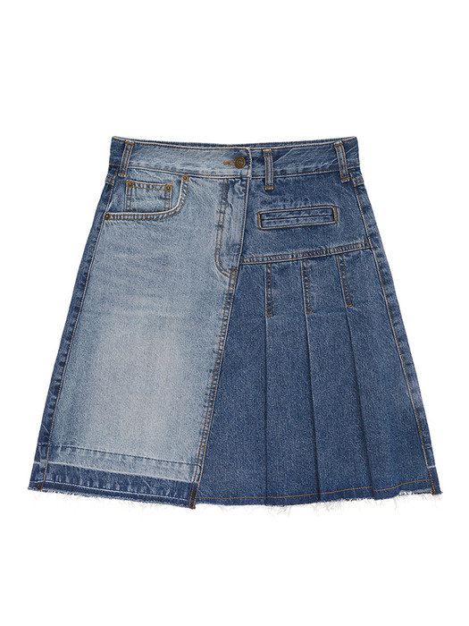 PLEATS POINT DENIM MIDI SKIRT IN BLUE