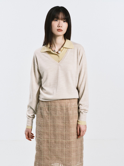 WOOL V-NECK KNIT TOP_PALE BEIGE