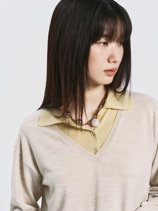 WOOL V-NECK KNIT TOP_PALE BEIGE