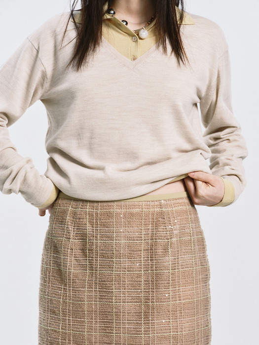 WOOL V-NECK KNIT TOP_PALE BEIGE