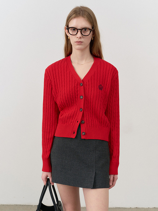 CREST LOGO CABLE CARDIGAN RED_UDSW4C204R2