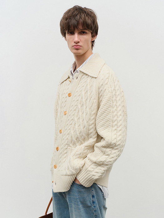 UNISEX FISHERMAN KNIT CARDIGAN IVORY_M_UDSW4D129IV