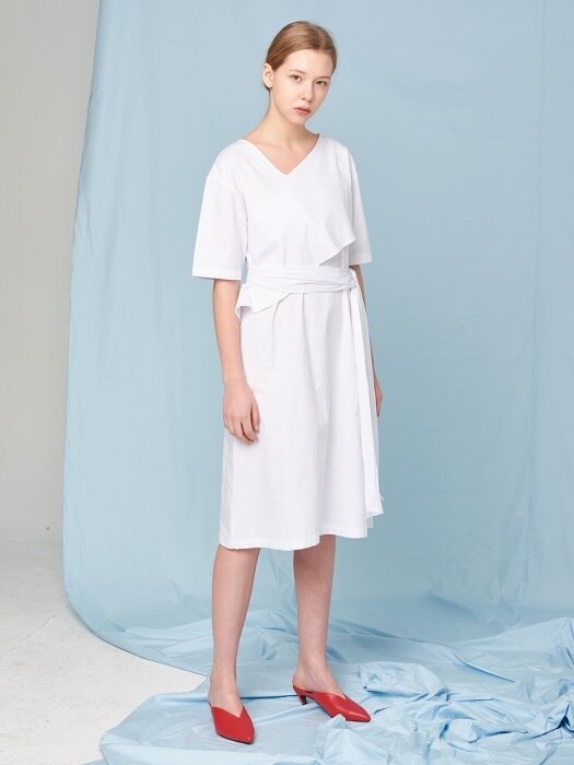 BELTED COTTON DRESS WHITE