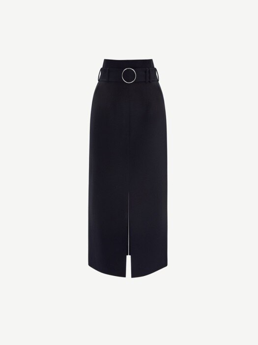 Belted front-slit virgin wool skirt
