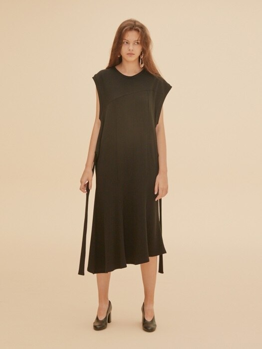 Tie waist rib dress (black)