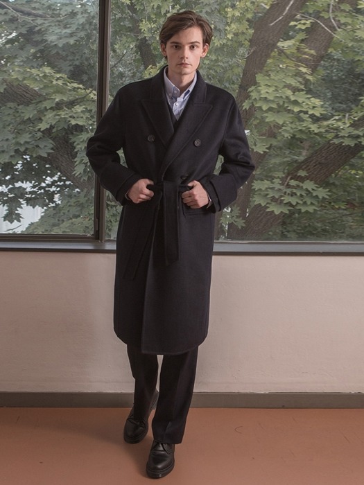 COAT#12 WIDE CUFFS DOUBLE BREASTED HAND-MADE COAT - NAVY