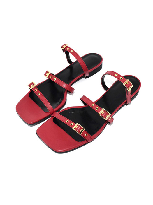 Wide Square Strap Line Buckle Sandal Red