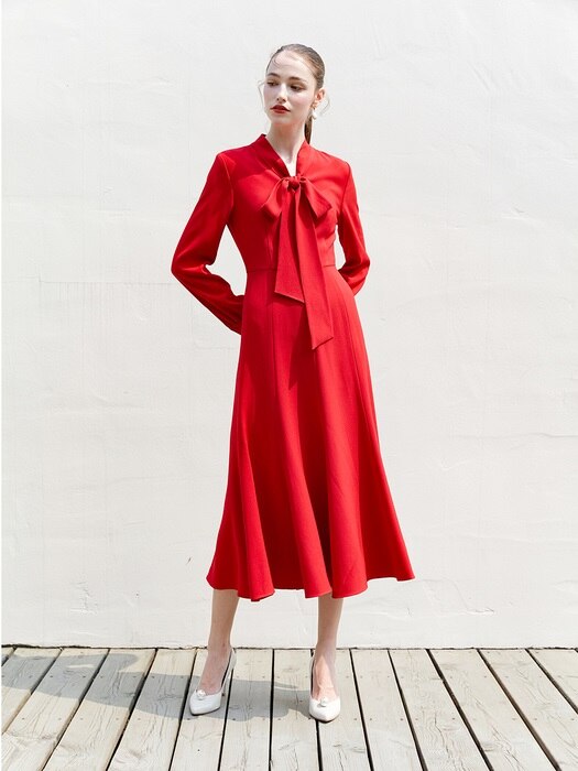 [미전시]KATE Ribbon tied long sleeve dress (Red)