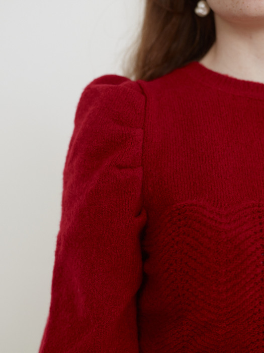 [BC20AWKN31] LOKEN PUFF SLEEVE FLUFFY KNIT TOP [RED]