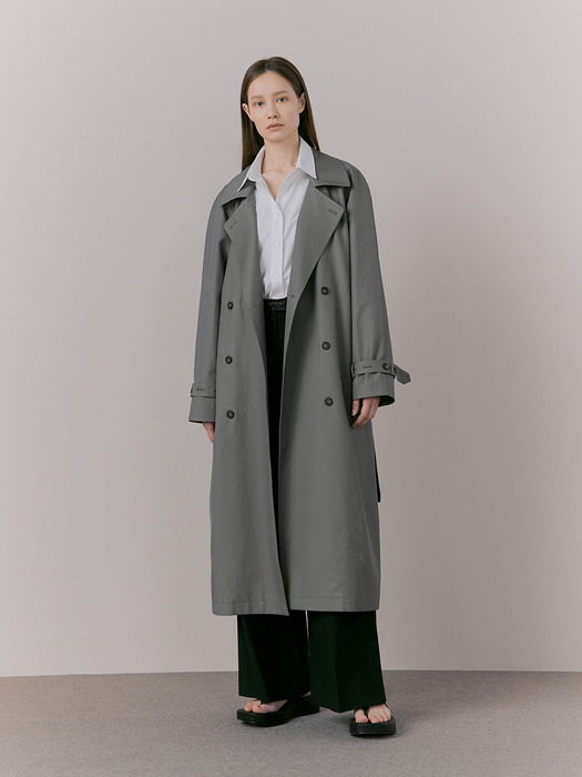 DOUBLE-BREASTED COTTON TRENCH COAT - BLUE GREY