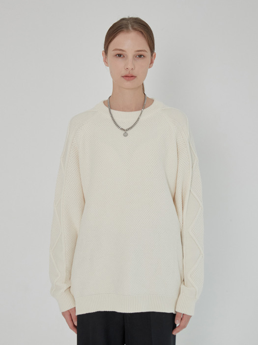 RAGLAN CABLE COMBINATION SWEATER IVORY