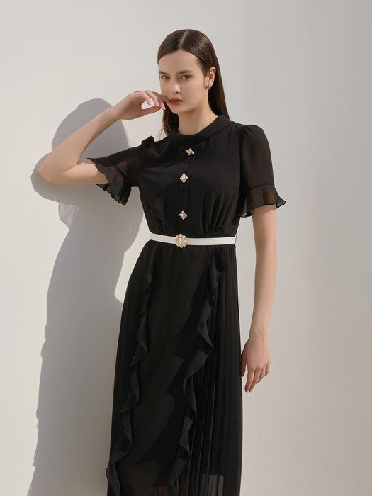 WERONIKA / Romantic Chiffon Pleats Long Dress(black)