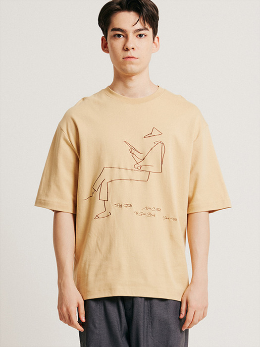 드로잉 자수 반팔 티셔츠 (베이지)