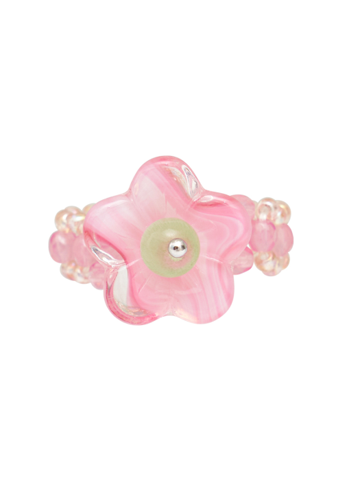Glass Flower Beads Ring (Pink)
