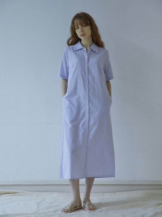 지속가능한 원피스 - 옥스포드 코튼 3-way 스트라이프 롱 셔츠 드레스