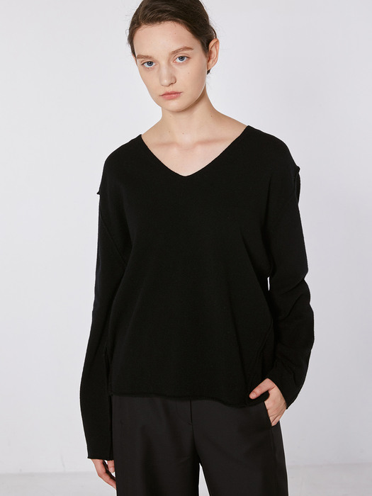 TOF OUT-CUT V-NECK CASHMERE KNIT BLACK