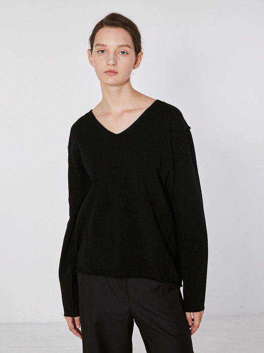 TOF OUT-CUT V-NECK CASHMERE KNIT BLACK