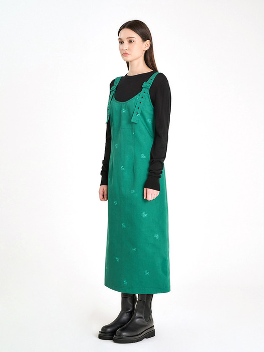 DICE EMBROIDERY OVERALL DRESS - GREEN