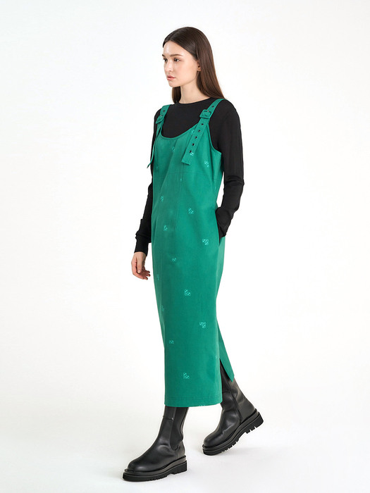 DICE EMBROIDERY OVERALL DRESS - GREEN