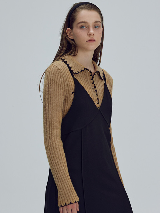 Embroidery collar knit top - Black