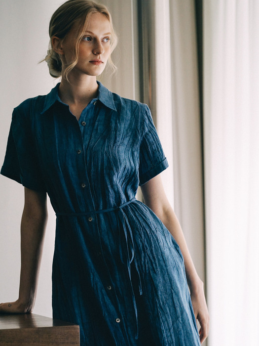 Linen Shirt Dress - Blue