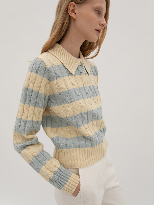 Striped Cable Collar Wool Knit - Vanila&Sky blue
