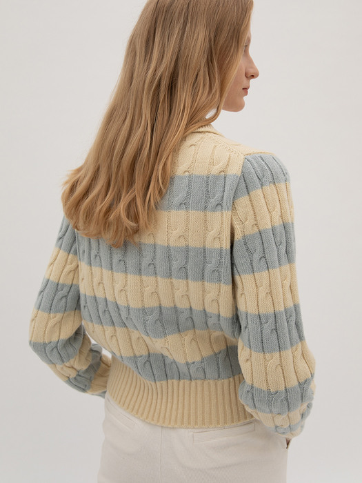 Striped Cable Collar Wool Knit - Vanila&Sky blue