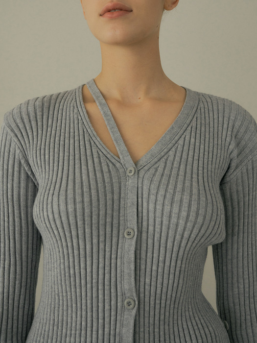 comos 714 neck cutout ribbed knit cardigan (gray)