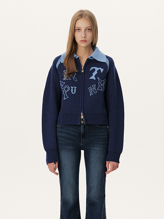 WOOL BLENDED JACQUARD ZIP-UP KNIT - BLUE