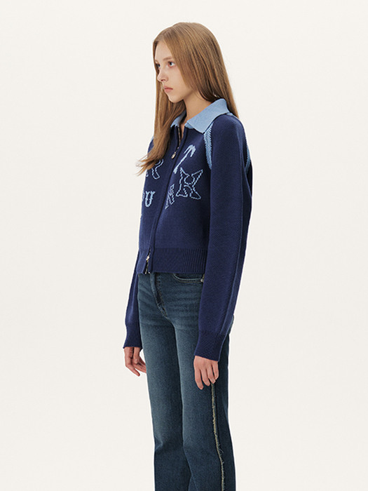 WOOL BLENDED JACQUARD ZIP-UP KNIT - BLUE