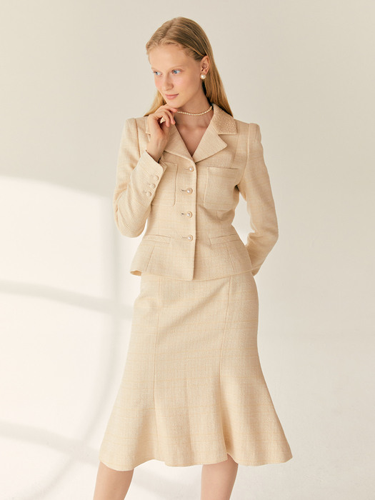 REGINA Notched collar tweed jacket (Soft butter)