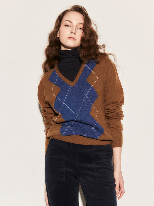 Argyle v-neck knit 001 Brown