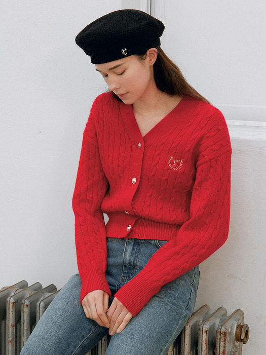 V NECK CABLE CARDIGAN RED