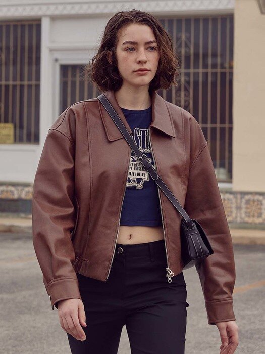 Faux Leather Cropped Blouson Jacket in D/Brown VL3SM120-94