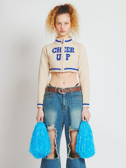 LETTERING CROP KNIT ZIP-UP_BE