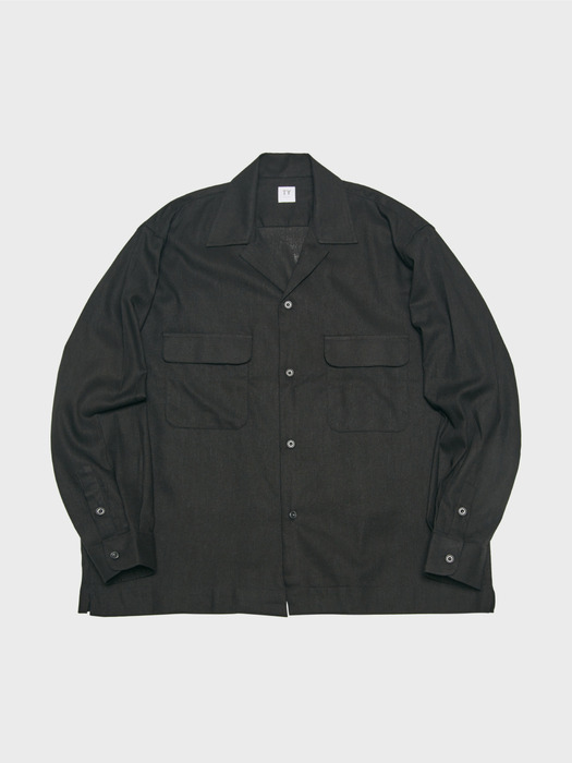 2pocket linen open collar shirt_Black