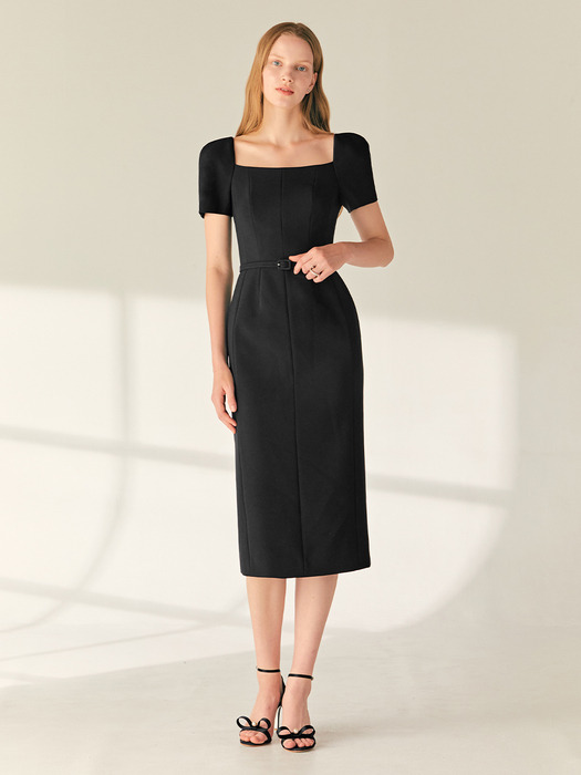 ODETTE Square neck short sleeve H-line long dress (Black)