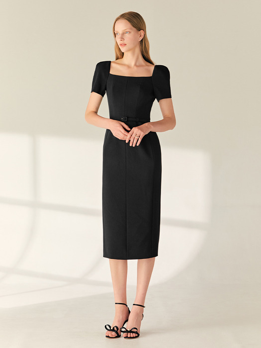 ODETTE Square neck short sleeve H-line long dress (Black)