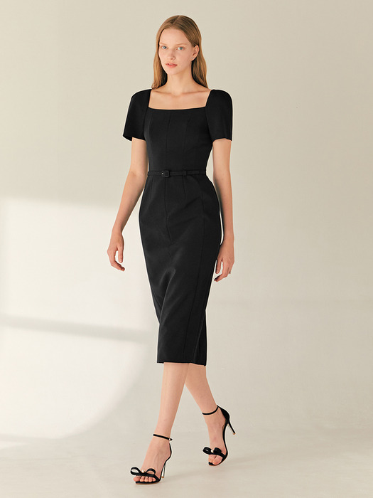 ODETTE Square neck short sleeve H-line long dress (Black)