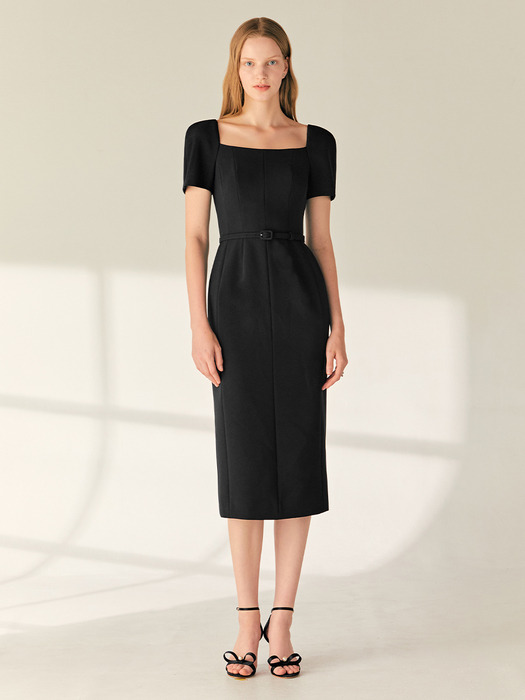 ODETTE Square neck short sleeve H-line long dress (Black)