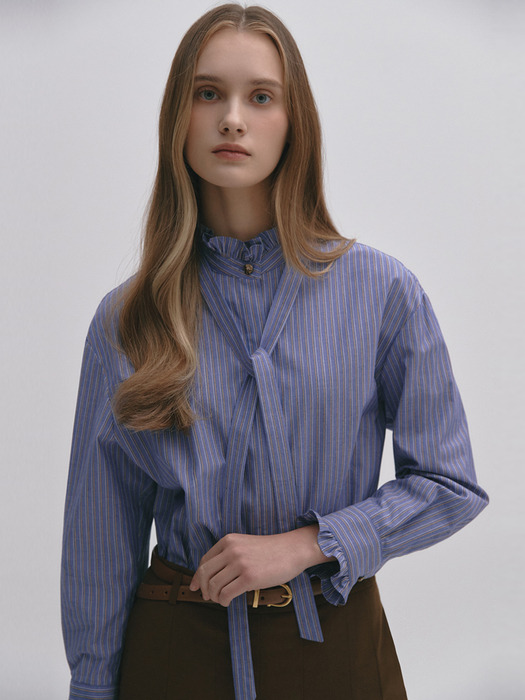 Tie Ruffled Band Neck Shirt BLUE