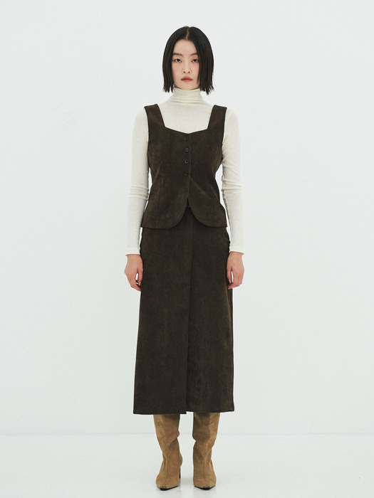 Amelia Corduroy Slit Skirt (Brown)