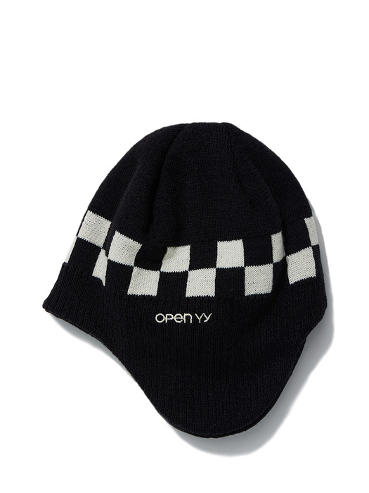 CHECKER BOARD EARFLAP BEANIE, BLACK