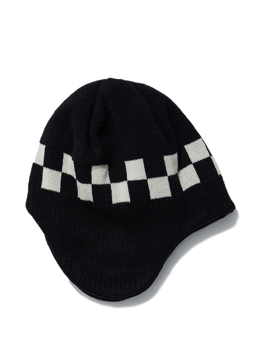 CHECKER BOARD EARFLAP BEANIE, BLACK